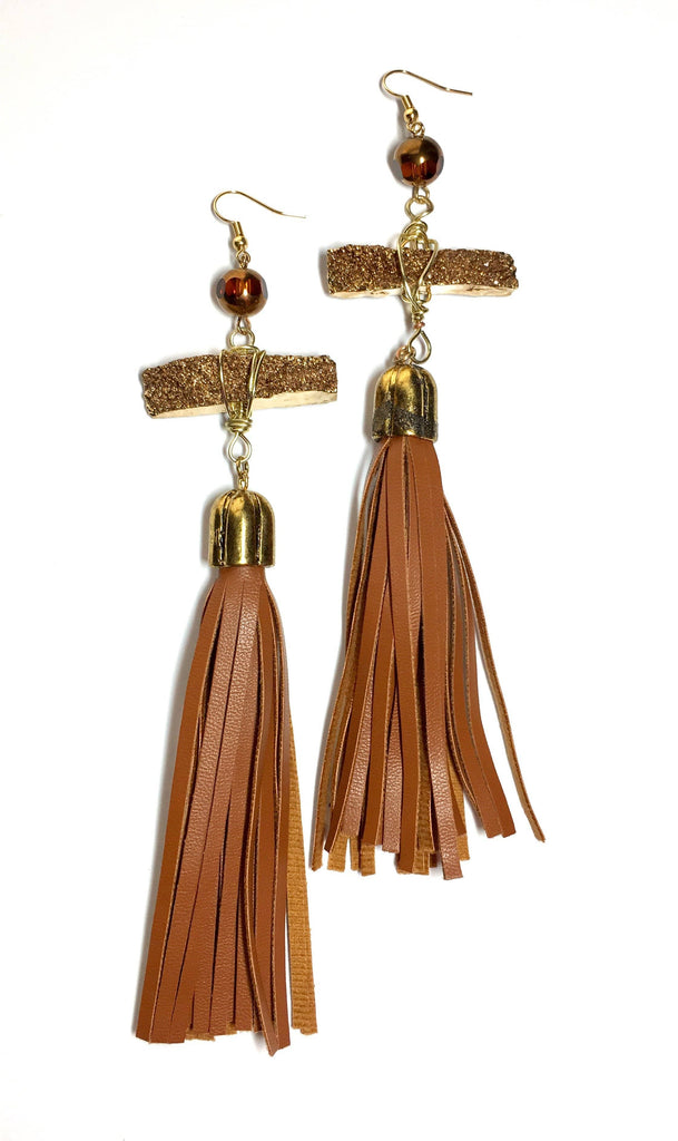 Leather and Stone Tassel Earrings